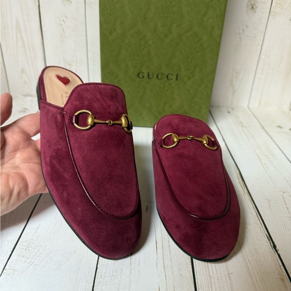 Gucci Princetown Horsebit Suede Mule Flat Burgundy Sz 37 / 7 - Picture 6 of 12